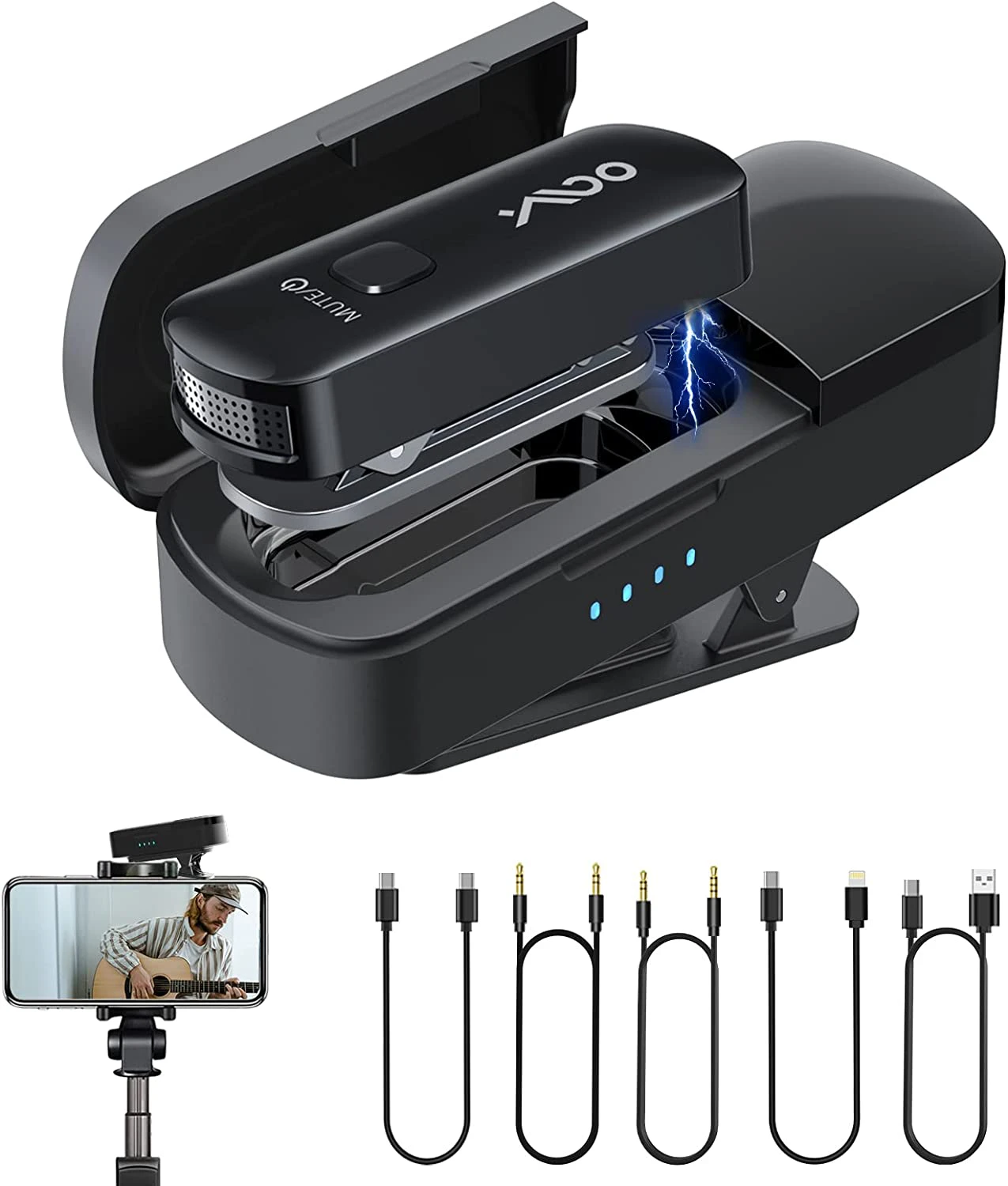 Bezprzewodowy mikrofon krawatowy USB-C, USB, Lightning YMOO M5Pro + etui ładujące