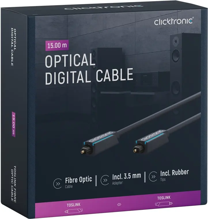 CLICKTRONIC Kabel optyczny Toslink T-T + adapter Jack 15m