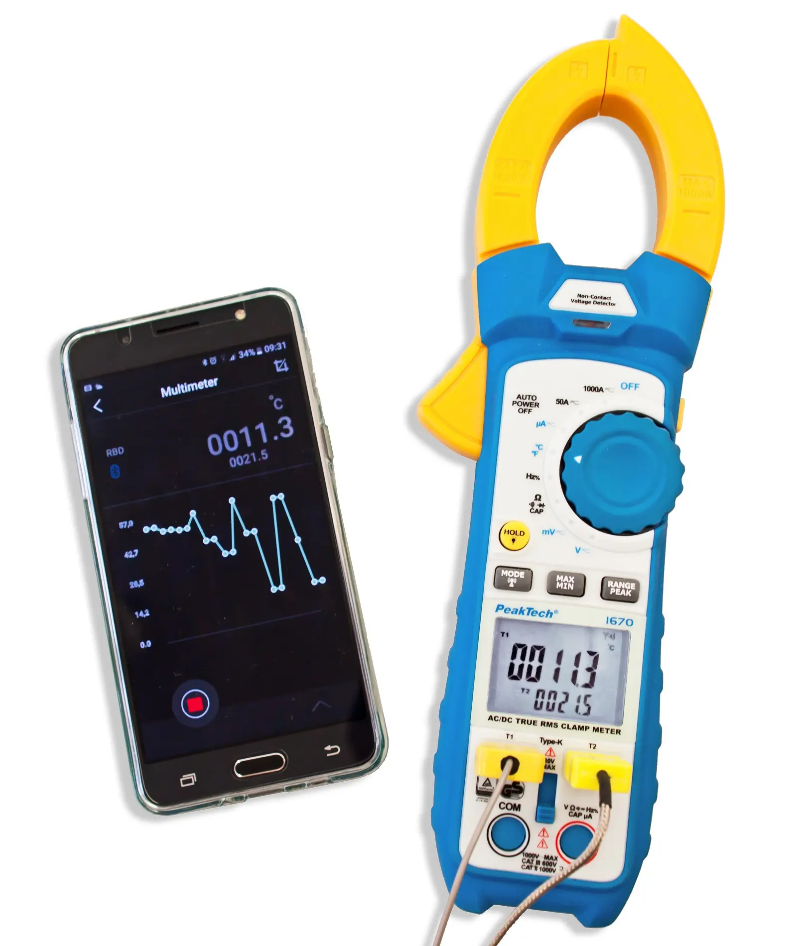 Cyfrowy Miernik Cęgowy z Bluetooth i pomiarem temperatury 1000 A/V PeakTech 1670