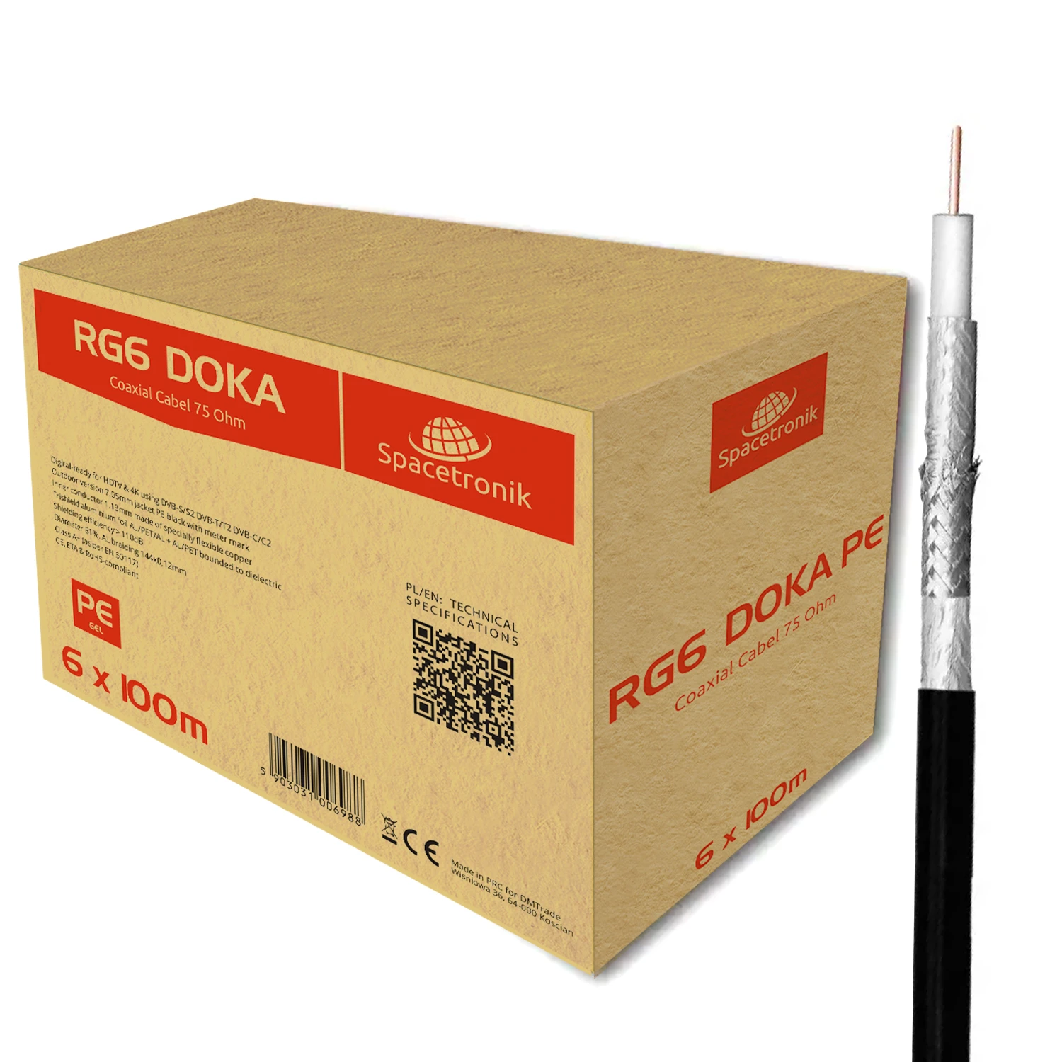 Kabel RG6 Spacetronik DOKA 4K Trishield 6x 100m żelowany