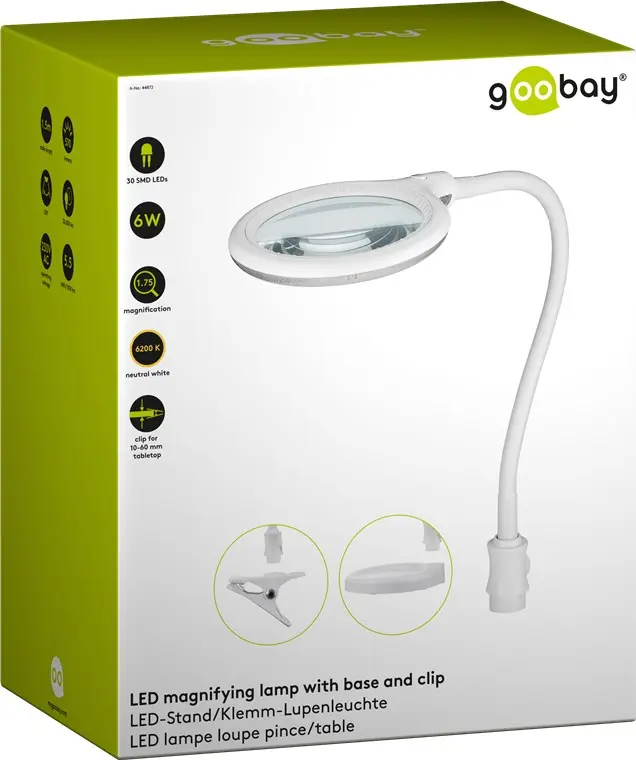 Lampa LUPA kosmetyczna warsztatowa Goobay 100mm 6W 30x LED 480lm z klipsem i stopą