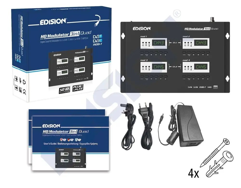 Modulator czterokanałowy 4x HDMI do 2x DVB-T/C/ISDB-T (2x MUX) EDISION 3w1 QUAD