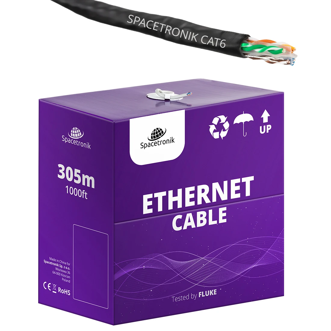 Skrętka kabel LAN CAT6 U/UTP AWG 24/1 0,53mm PE Spacetronik 305m