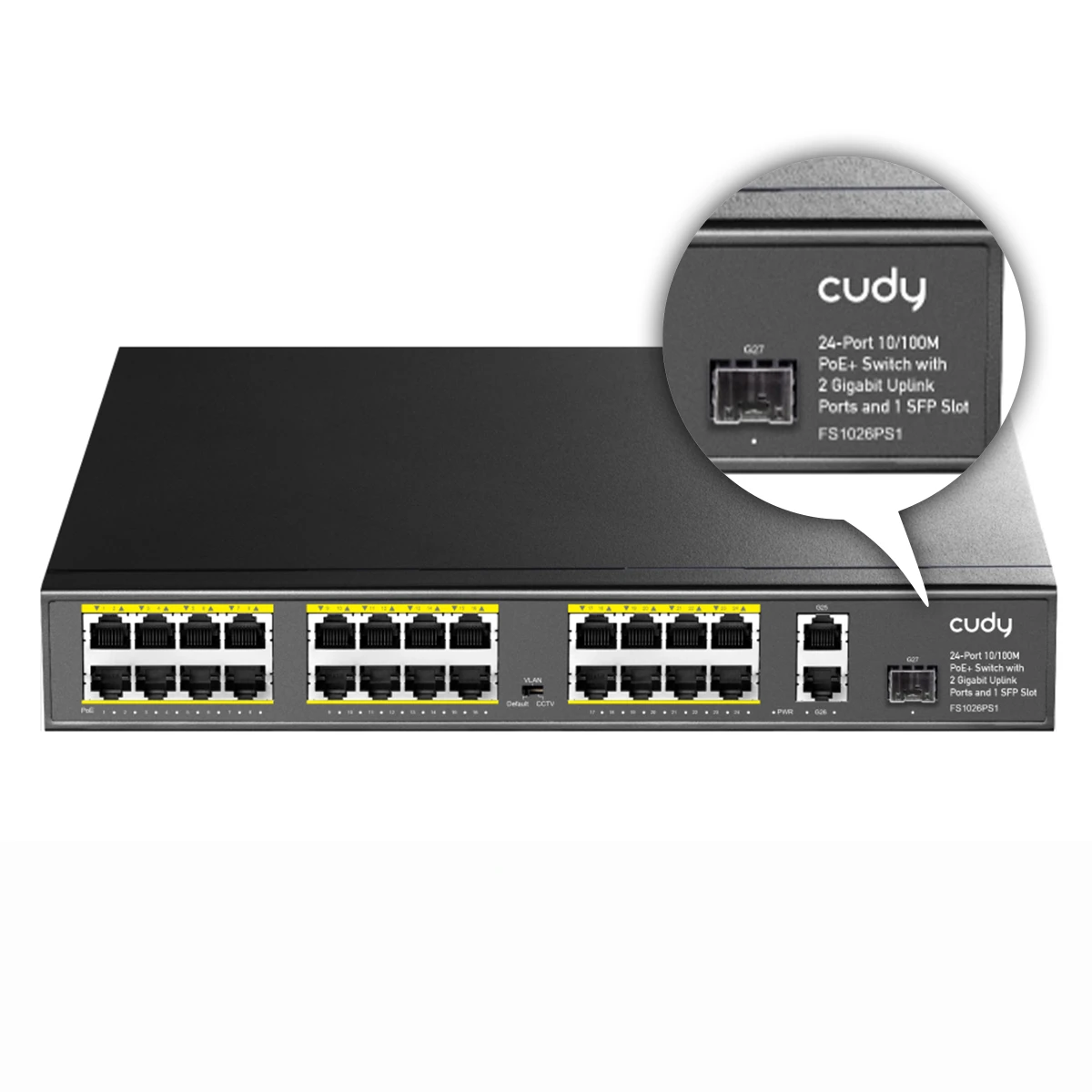 Switch 24x PoE  2x Uplink 300W do kamer IP 250m VLAN SFP FS1026PS1