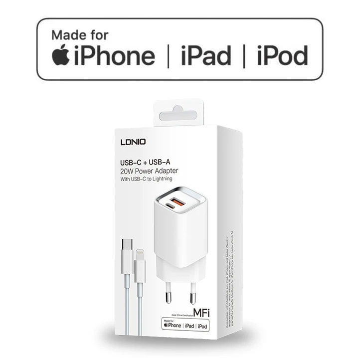 Oryginalna ładowarka iPhone, iPad, iPoD USB-C USB-A MFI 20W kabel USB-C + Lightning
