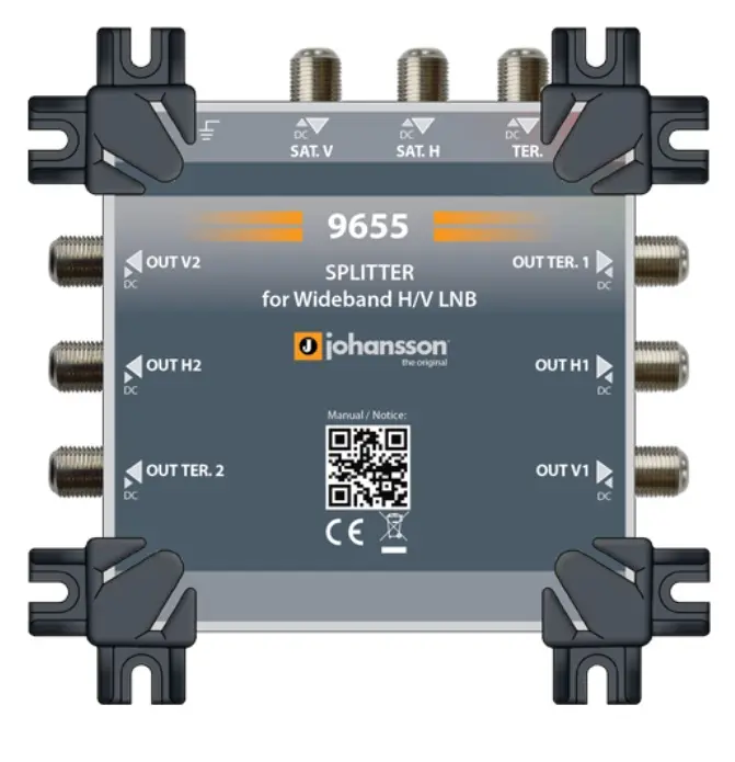 Rozgałęźnik 1x2 sygnału SAT LNB Wideband H+V + DVB-T2 Johansson 9655