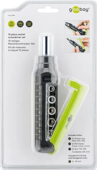 Wkrętak z grzechotką + bity ZESTAW 15-elementowy Goobay
