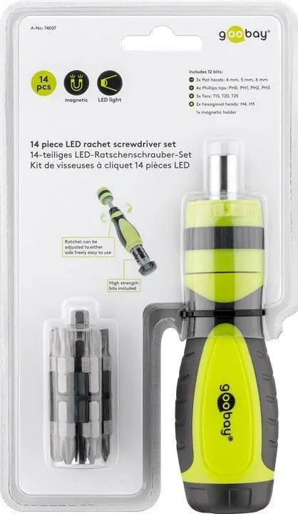 Wkrętak z grzechotką + bity ZESTAW 14-elementowy Goobay