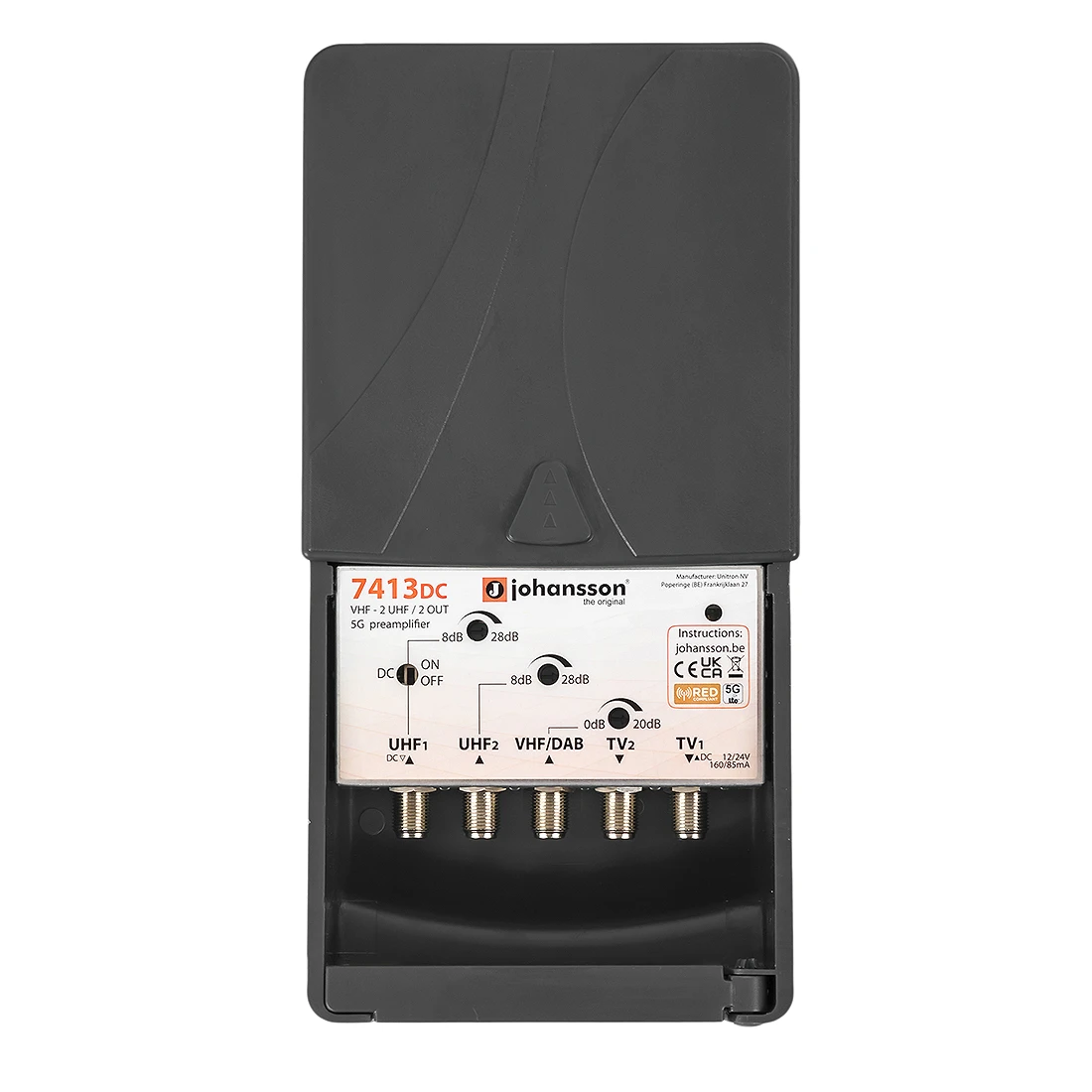 Wzmacniacz masztowy 2xUHF+VHF Johansson 7413DC LTE (5G) / 2x OUT TV