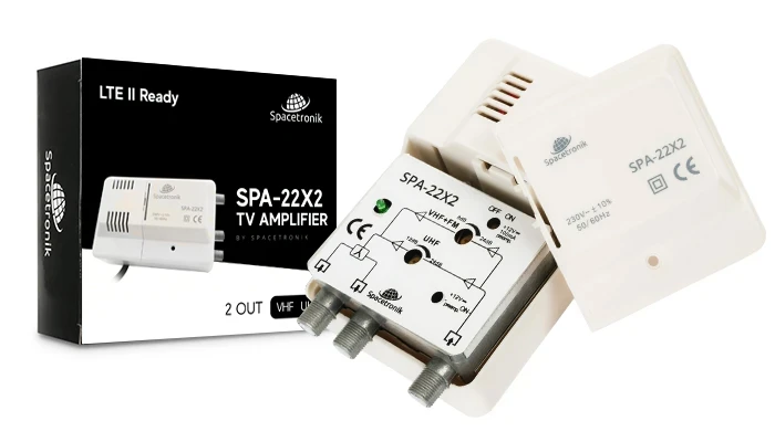 Wzmacniacz szerokopasmowy z rozgałęźnikiem i zasilaniem anten 12V DC Spacetronik SPA-22X2 VHF/UHF 24dB