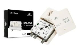 Wzmacniacz szerokopasmowy z rozgałęźnikiem i zasilaniem anten 12V DC Spacetronik SPA-22X2 VHF/UHF 24dB