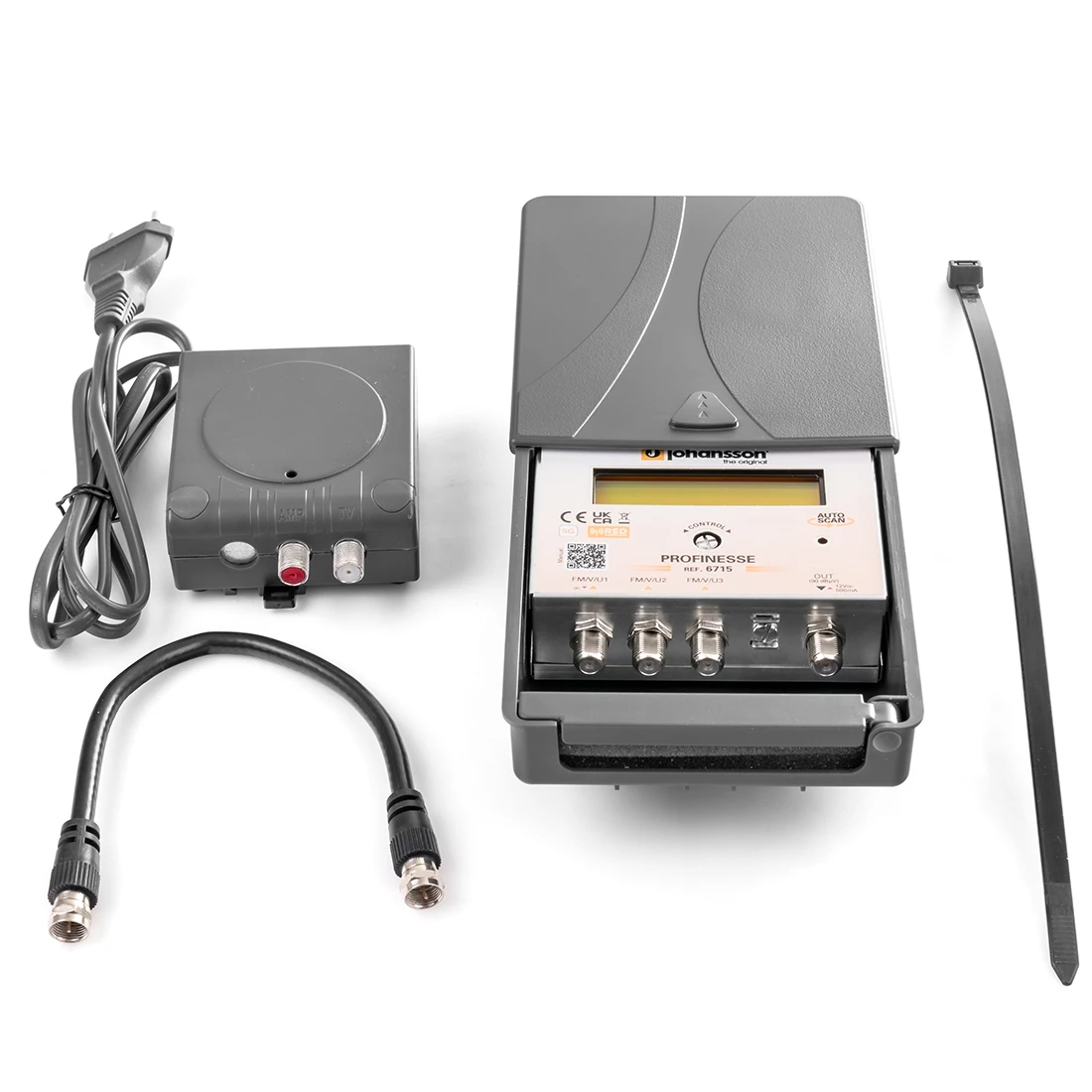 Zestaw wzmacniacza sygnału TV Johansson KIT6715 z obudową masztową i zasilaczem 12V 3 wejścia UHF/VHF/FM