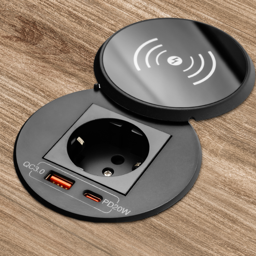 Okrągłe gniazdo blatowe, eleganckie gniazdo meblowe, stylowe gniazdo okrągłe, gniazdo do blatu