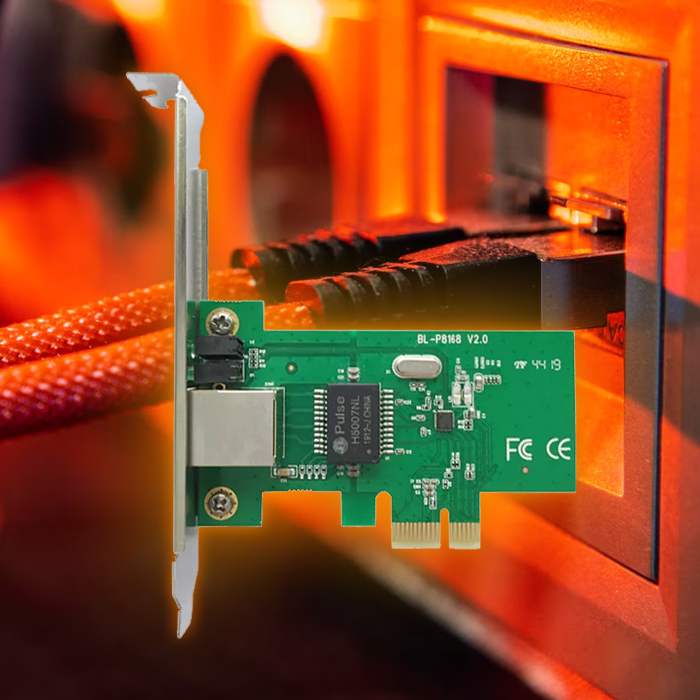 Ekranowany port RJ-45, stabilne połączenie, redukcja zakłóceń, karta sieciowa PCIe, niezawodność sygnału, sieć bez przerw, RJ-45 z ekranowaniem, trwałe połączenie, ochrona przed interferencjami, wysoka jakość transmisji